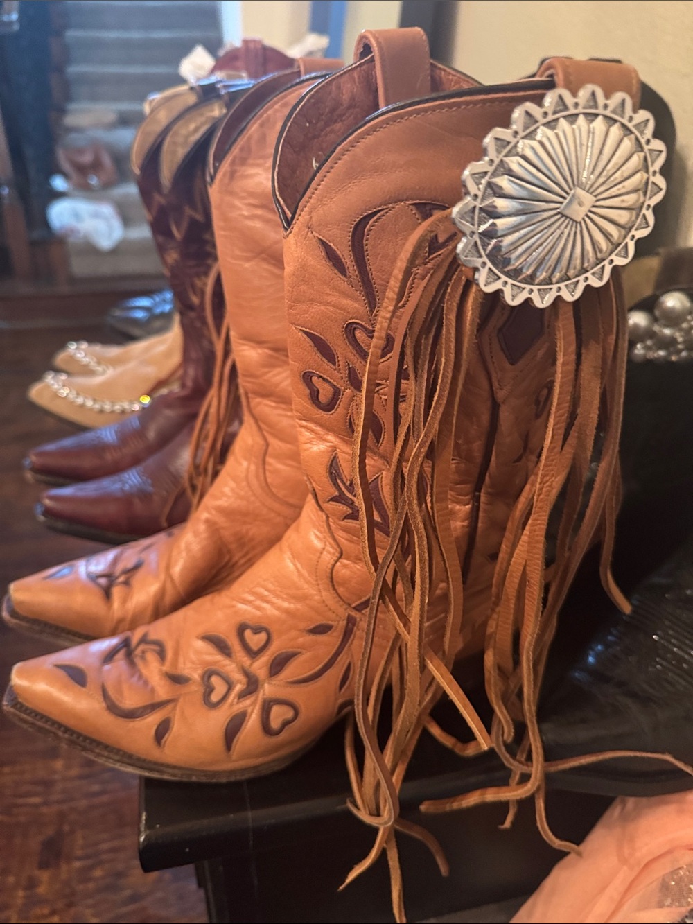 Dan Post Tan Leather Fringe Heeled Cowboy Boots - Picture 1 of 5